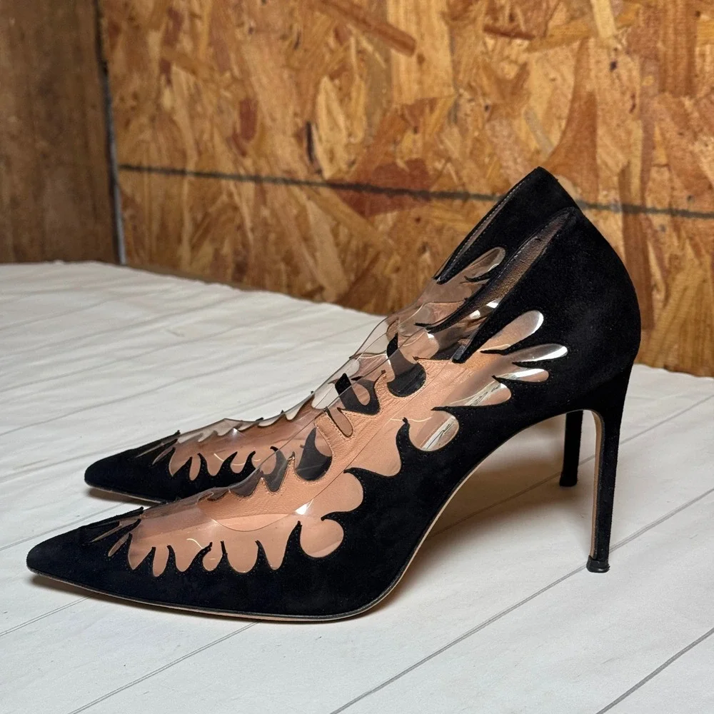 Brian Atwood Designer Flame Cutout Heels Black Suede Leather Luxury Edgy‎ Diva 7